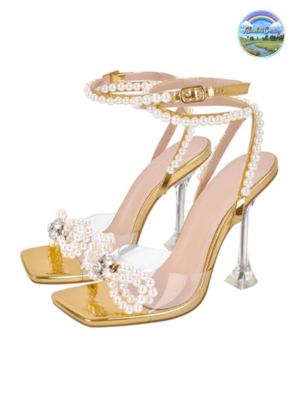 Square Toe Clear Heels Rhinestone Bow Ankle Strap Stiletto High Heel Sandals